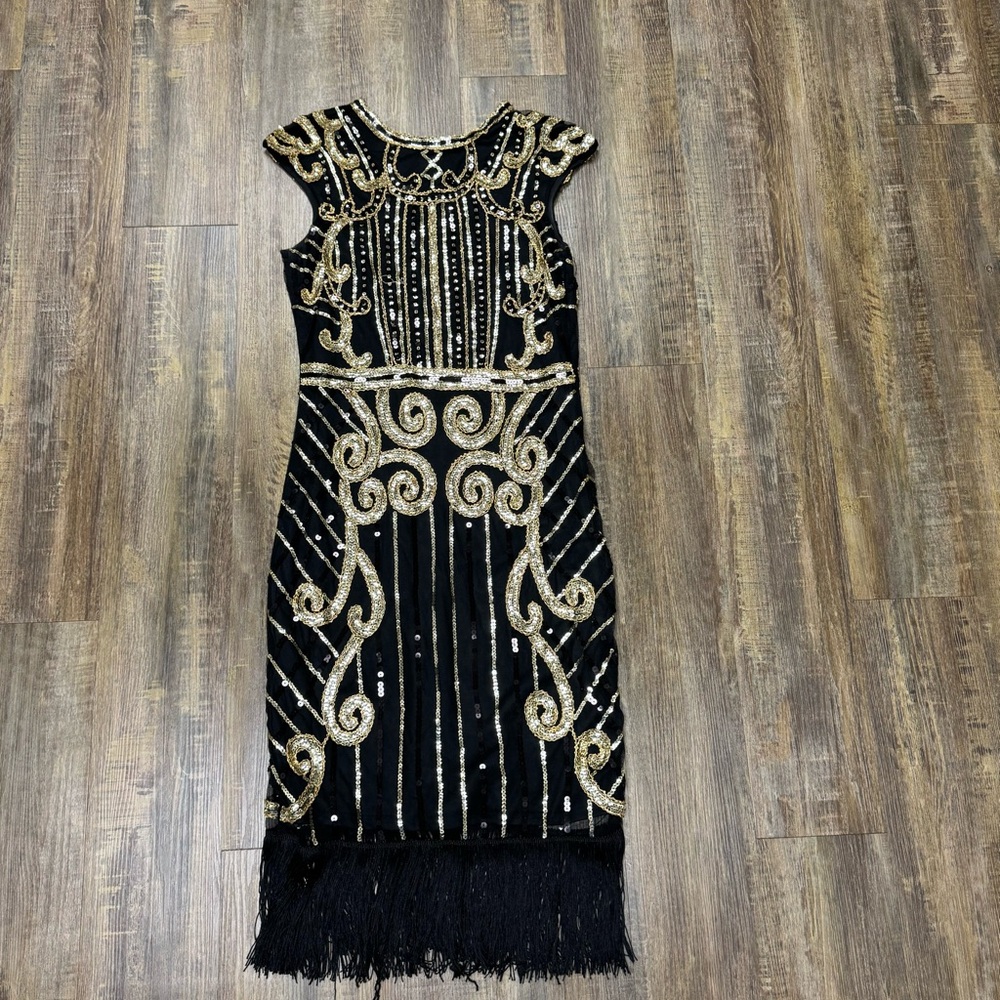 Black And Gold Sequined Fringe Knee Length Dress Masquerade Gatsby 1920‎ Small